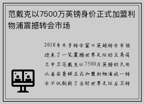 范戴克以7500万英镑身价正式加盟利物浦震撼转会市场 范戴克以7500万英镑身价正式加盟利物浦震撼转会市场